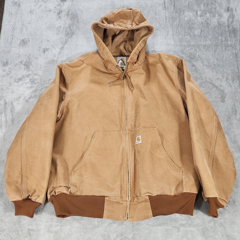 Carhartt Jacket Mens XL Brown Hooded Canvas Duck‎ Lined Work Bomber USA J131 BRN